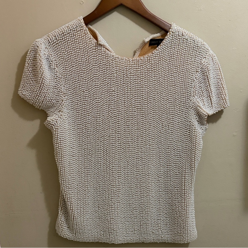 Emily Shalant Pearl Beaded Short Sleeve Blouse